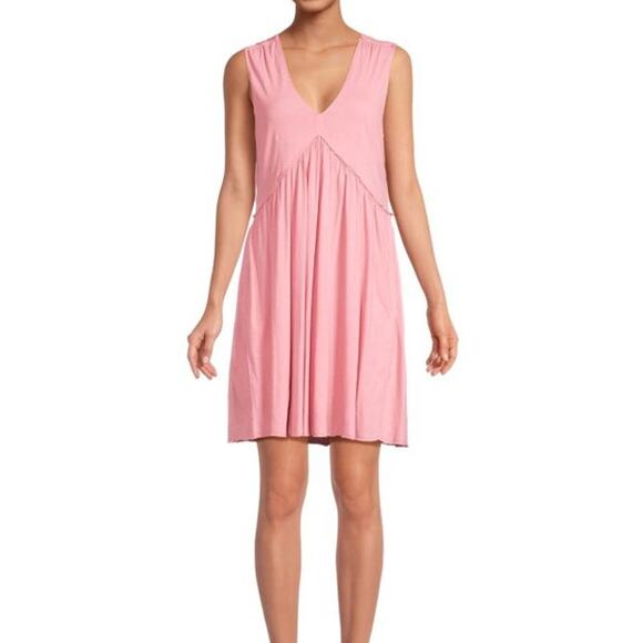 ATM Cotton V Neck Mini Dress Pink Summer Beach Pool Brunch Travel - Size M